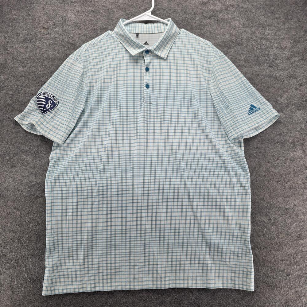 Sporting Kansas City Polo Shirt Mens L Blue Plaid MLS Soccer Adidas Primegreen